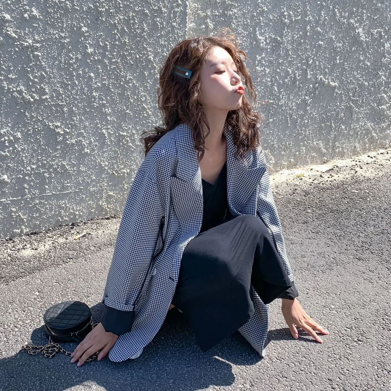 

Photo Shoot CHIC Graceful Retro Black And White Thousands of Birds Covered Edge Loose-Fit Revers Cuff Small Suit Coat Women's El