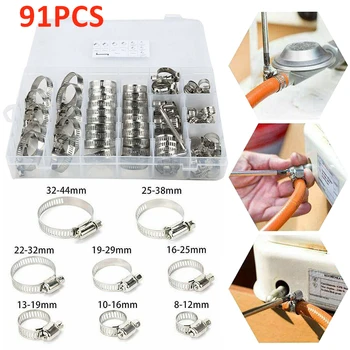 

91Pcs Stainless Steel Assorted Hose Clamps Adjustable Fuel Line Pipe Worm Gear Clip Clamp Tube Fasterner