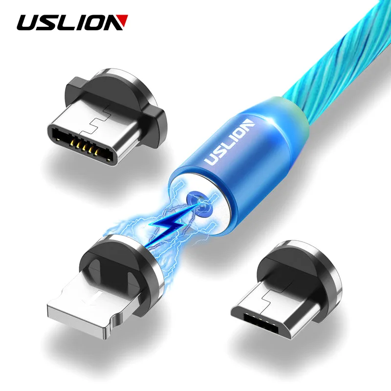 USLION 1 м Магнитный usb кабель для зарядки мобильного телефона type C световой поток iPhone