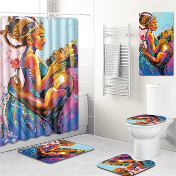 

Fabric African Shower Curtain Bathroom Carpet Anti Slip Bath Mat 5 Piece Toilet Rugs Set for Home Decor Bedroom Doormat Blanket