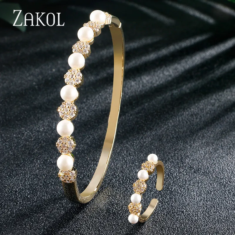 ZAKOL, винтажный кубический цирконий, Круглый, имитация жемчуга, ювелирный браслет для невесты, набор колец для женщин, свадебные, вечерние, подарок, FSSP3111 - Окраска металла: Gold Color