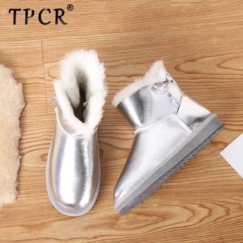 

TPCR new sheepskin leather wool fur lined suede women ankle snow boots with crystal button women short casual winter shoes 34-44