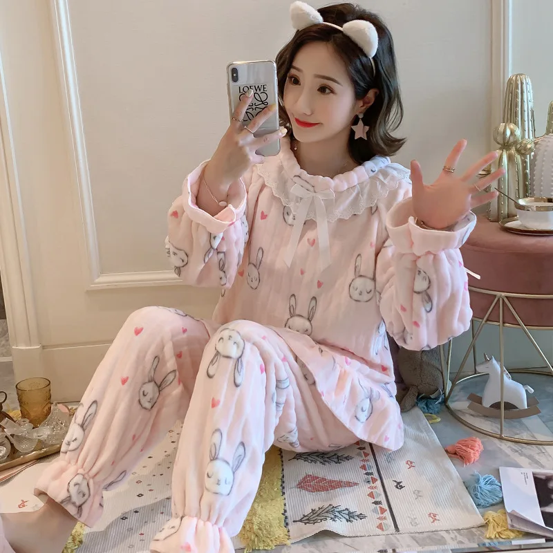 Зимний пижамный комплект, женская пижама, теплая Фланелевая пижама с длинными рукавами, розовая Милая Домашняя одежда с животными, толстый домашний костюм - Цвет: Figure 5
