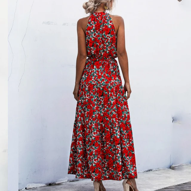 Summer Elegant Sexy beach long Dress Women  Print Flowers Polka-dot strap Ladies Halter boho dress women vestidos 2021 Fashion 6