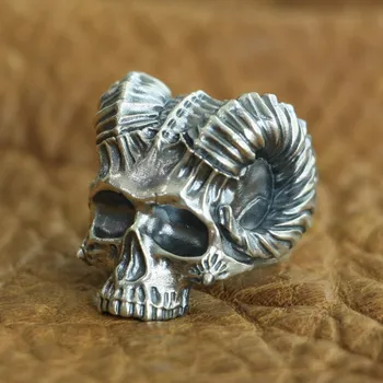 

925 Sterling Silver Horned Demon Skull Ring Mens Biker Punk Ring US Size 7.5~10