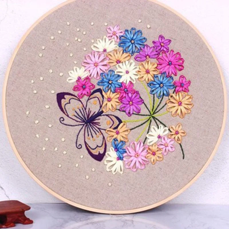 

DIY Ribbons Embroidery for Beginner Needlework Kits Cross Stitch Colorful Flowers Wall Art Home Decoration Meet Sets