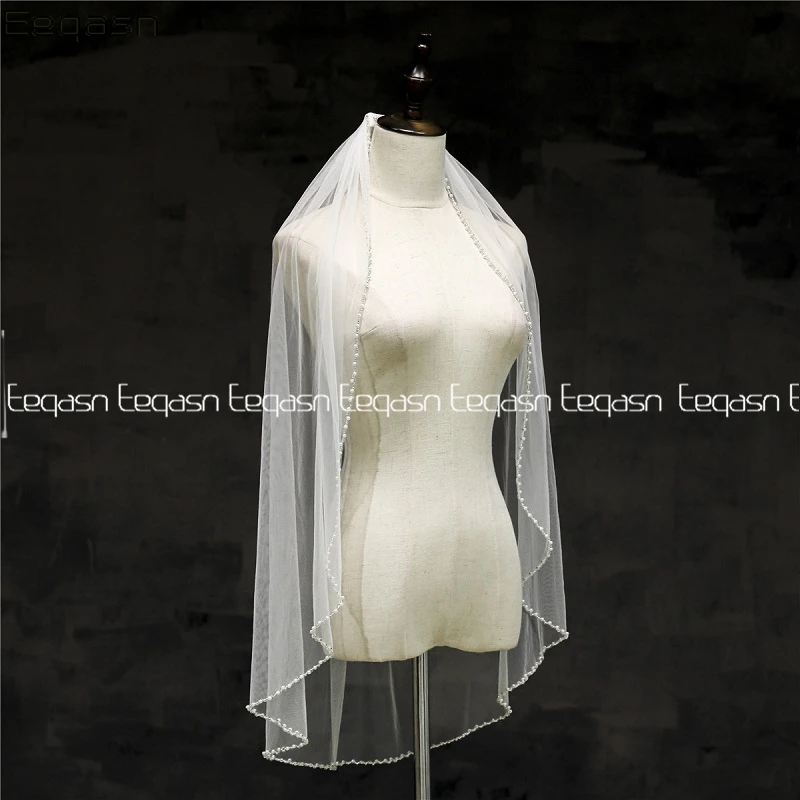 

Real Photos Beaded Pearls White/Ivory Soft Tulle Wedding Veil with Comb Short Bridal Veil Wedding Accessories Duvak