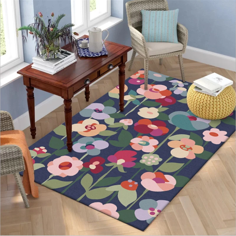 Rugs for Children Rooms Vintage Dark Blue Floral Pattern Thickened Carpet Area Rug for Bedroom Hand Wash 100% Polyester