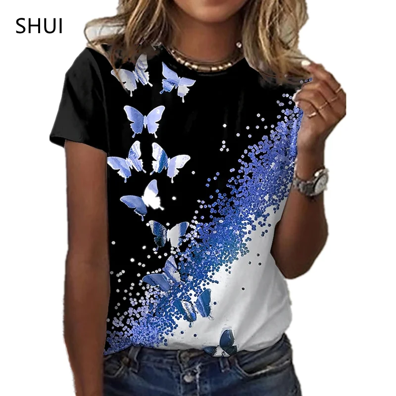 2021 New Butterfly Lady T-shirt 3D Floral Print Round Neck Casual Niche Design Sense Clothing Female Animal Series Short Sleeve
