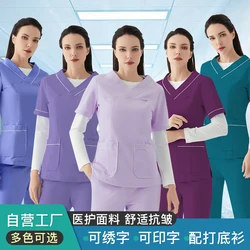 Moda por atacado matagal ternos hospital uniforme conjunto de cor sólida unissex vestido cirúrgico bolso v neck esfrega conjunto para mulheres corredores