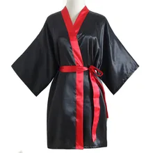 Черный Однотонный женский халат с красным поясом кимоно банное платье сексуальная гостиная миниатюрная Ночная Рубашка домашняя одежда v-образный вырез Половина рукава ночнушка