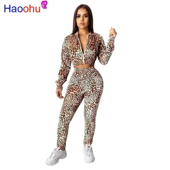 

Leopard Sexy 2 Piece Set Sweatsuit Women Clothes Long Sleeve Front Zipper Bomber Jacket and Bodycon Pants Plus Size Fall Outfits