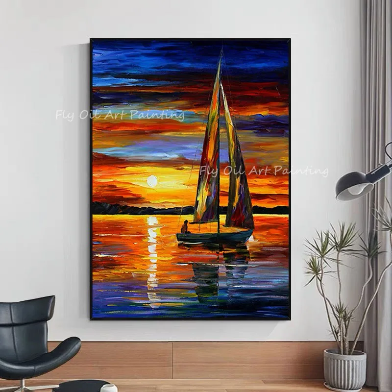 

Colorful landscape ocean with boat 100% Handmade seaside Oil Painting On Canvas Wall Art Picture For Home Office Decoration Gift