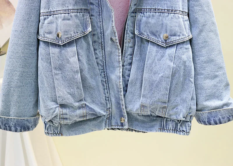 winter new plus velvet thickening lamb hair really fox big fur collar warm denim jacket female