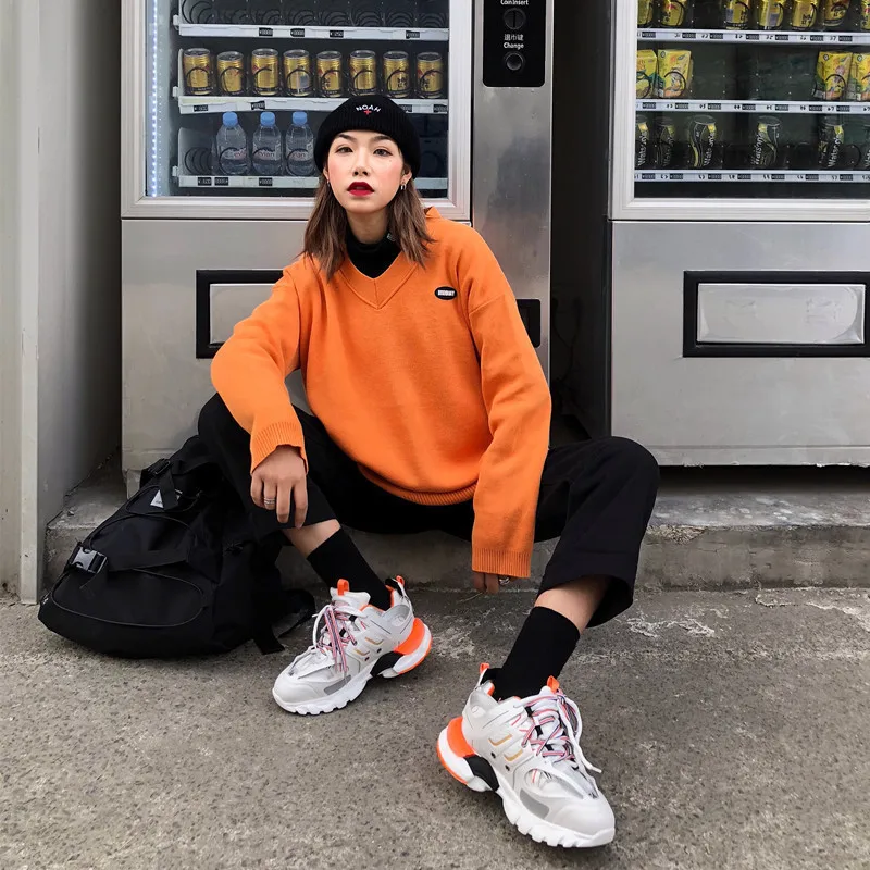 

Women New Autumn Winter 2019 Korean Version Of Loose Lazy Solid Color V-neck Sweater Female Oversize Women's Feminine Sweater