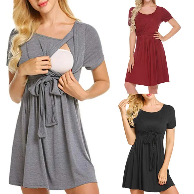 

2019 Hot Selling Maternity Clothes New Style Skin Mercerized Cotton Lace-up Short Sleeve Dress Nursing Clothing