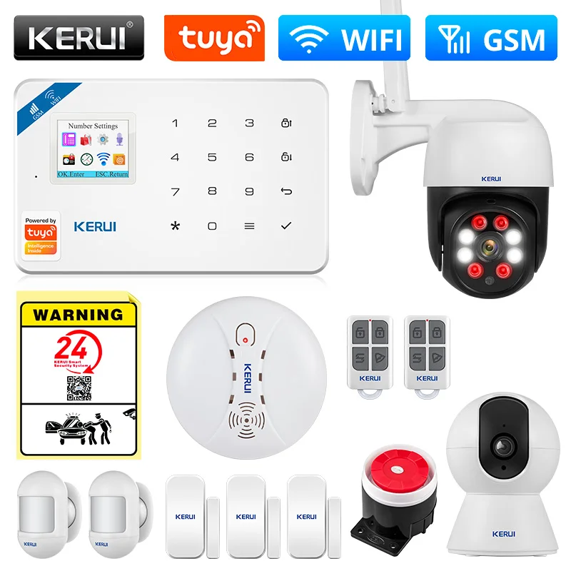 auto burglar alarm KERUI Tuya Smart WIFI GSM Security Alarm System Works With Alexa Home Burglar Motion Detector Smoke Door Window Sensor IP Camera car alarms for sale Alarm Systems & Security