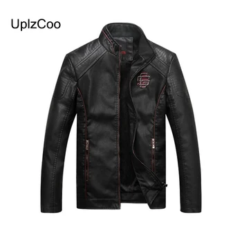 

UplzCoo 2019 Autumn Winter Men's Coat PU Leather Jacket Warm Casual Male Embroidery Solid Fleese Coat Men's Clothing 5XL FM181