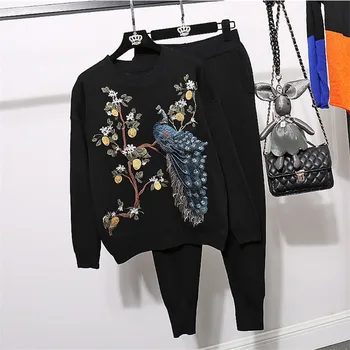 

Fashion Embroidery Peacock Pattern Tracksuit 2pc Women Long sleeve Knitted Sweater Pants 2 Piece Set Loose Black Knitwear Female