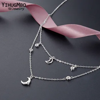

YIHUGMBO Real 925 Sterling Silver Moon Necklace Double Layer Hollow Moon and Star Zircon Pendant Necklace for Women Mom Gifts