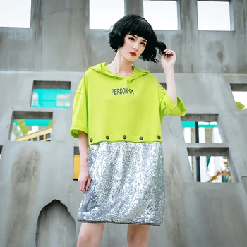 

2020 Summer Women's Big Board T-shirt Female Short-Sleeved Contrast Color Sequins Street Style Long Coat Hooded
