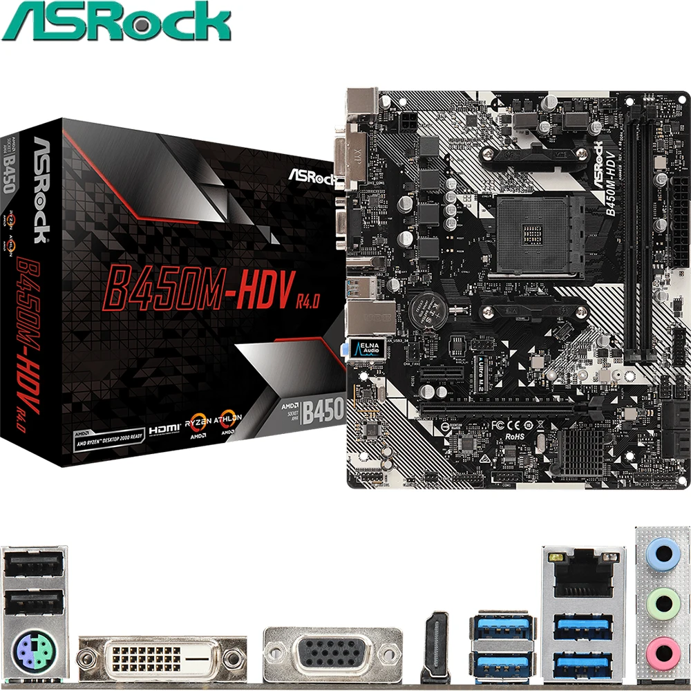 

New ASRock B450M HDV R4.0 AM4 Ryzen 1th/2th/3th Athlon USB3.1 SATA III HDMI DVI VGA M.2 B450 Micro-ATX Desktop PC Motherboard