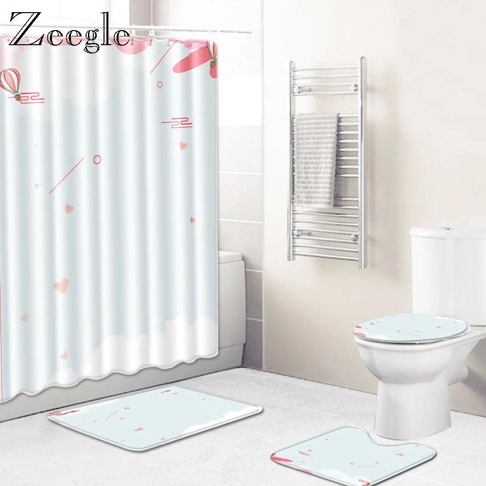 Zeegle Modern Bath Mat with Shower Curtain Set Anti-slip Bathroom Mat Toilet Shower Curtain with Hooks Lid Toilet Cover Mat