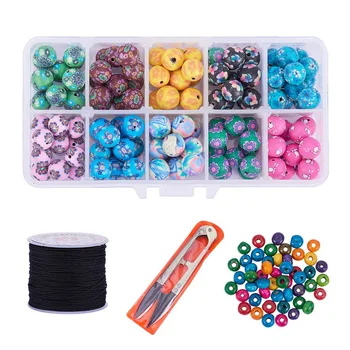 

1 Box Clay Round Loose Beads Oval Wood Beads with Scissors Nylon Thread Cord