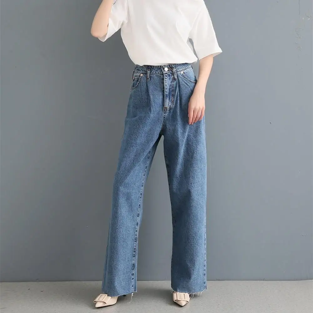 Женские плиссированные джинсы с высокой талией, ретро джинсы с карманами, широкие штаны, свободные женские повседневные джинсы, Длинные свободные брюки