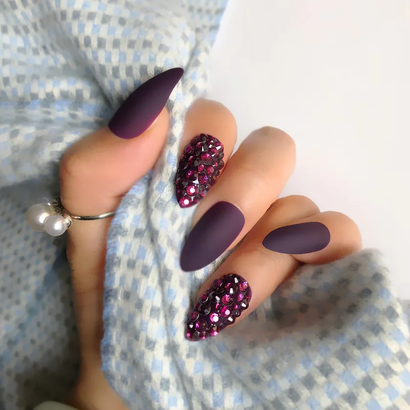 Custom Full Diamond Matte Coffin Fake Nails Designer Medium Long Dark Wine Red False Nails Natural Stiletto Ab Stones Tips False Nails Aliexpress