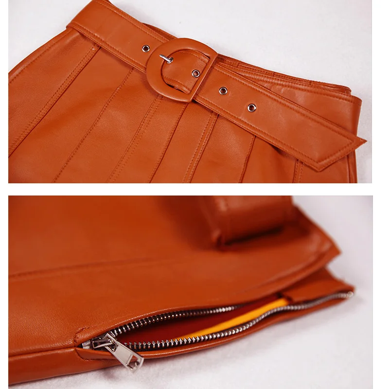 RYS9330 D letter Belt Stitching Genuine Leather A-line Women Mini Skirt Femme Casual Short Pleated Jupe Orange/Green Strip Saias