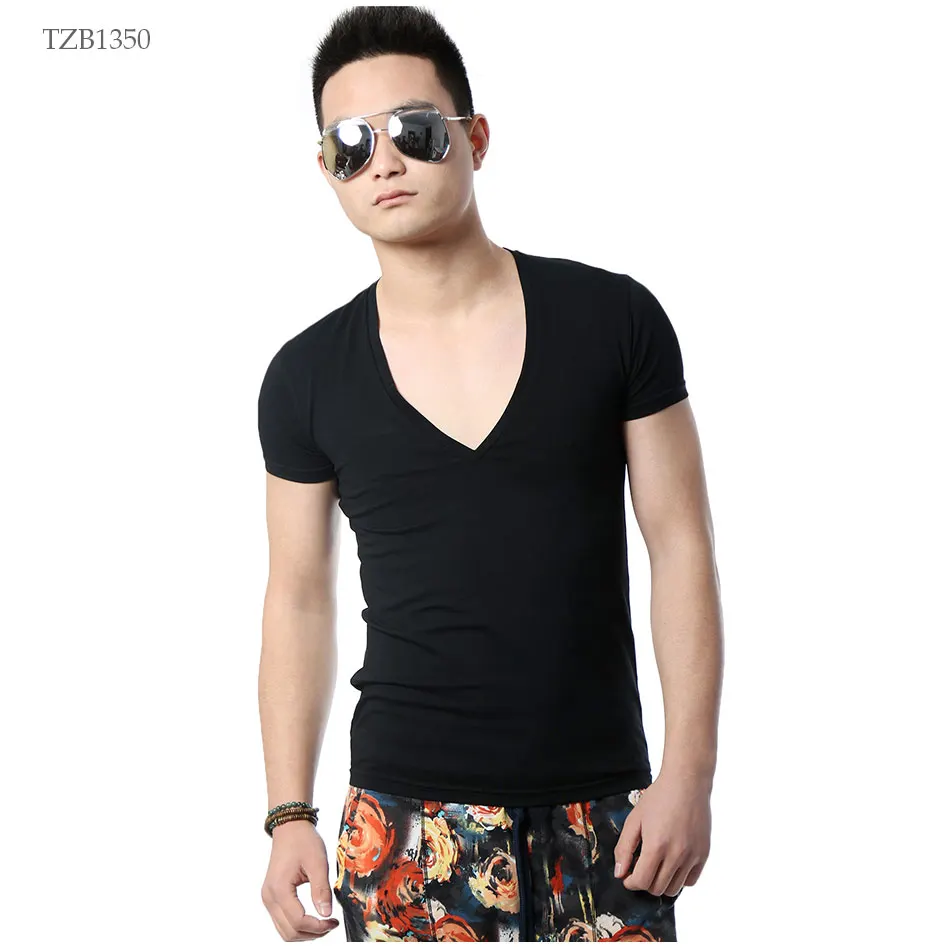 Zecmos глубокий v-образный вырез Сексуальная мужская футболка Винтаж с коротким рукавом сплошной цвет облегающая футболка мужская Топ