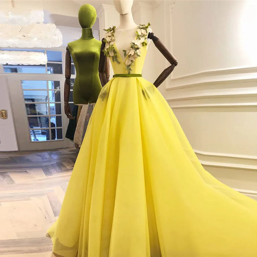 Blight-Yellow-3D-Flower-Evening-Dresses-V-neck-Lace-Up-A-line-Long-Evening-Gowns-Pretty