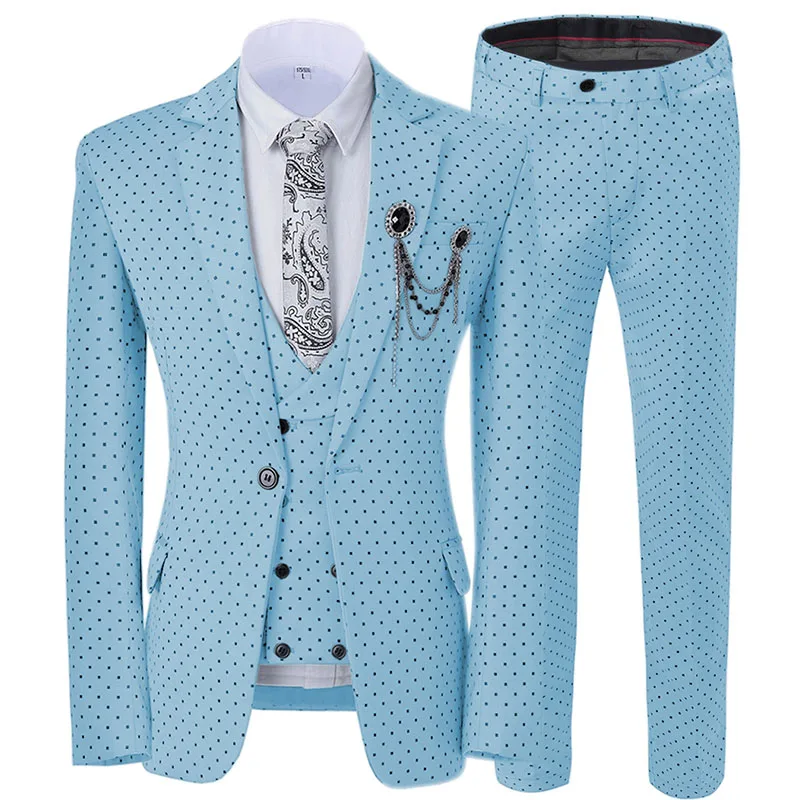 light blue Мужской белый костюм из 3 предметов с пятнистым тупым отворотом, приталенный двубортный жилет, смокинги для женихов, мужские для свадьбы(Блейзер+ жилет+ брюки - Цвет: light blue