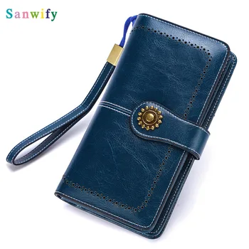

New Genuine Leather Women Oil Leather Long Clutch Wallet Metal Lady Purse Female Cellphone Bag