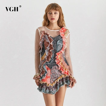 

VGH Vintage Print Dress For Women O Neck Long Sleeve High Waist Ruffles Slim Mini Dresses Female Fashion 2020 Spring Clothes New