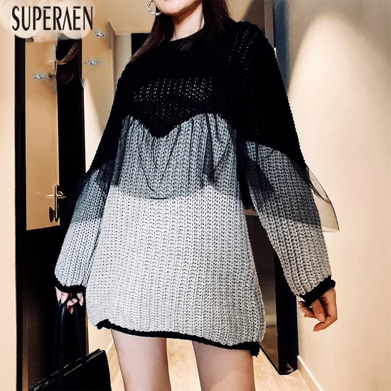 SuperAen, корейский стиль, пуловеры, свитера для женщин, кружева, сшитые, осень и зима, новые женские свитера, модные женские топы