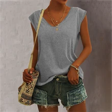 

V-neck Plus Size New Solid Color Women Top Casual Sexy Camisole Tanks TopSimple Loose Sleeveless T-shirts New Vest Ropa Mujer