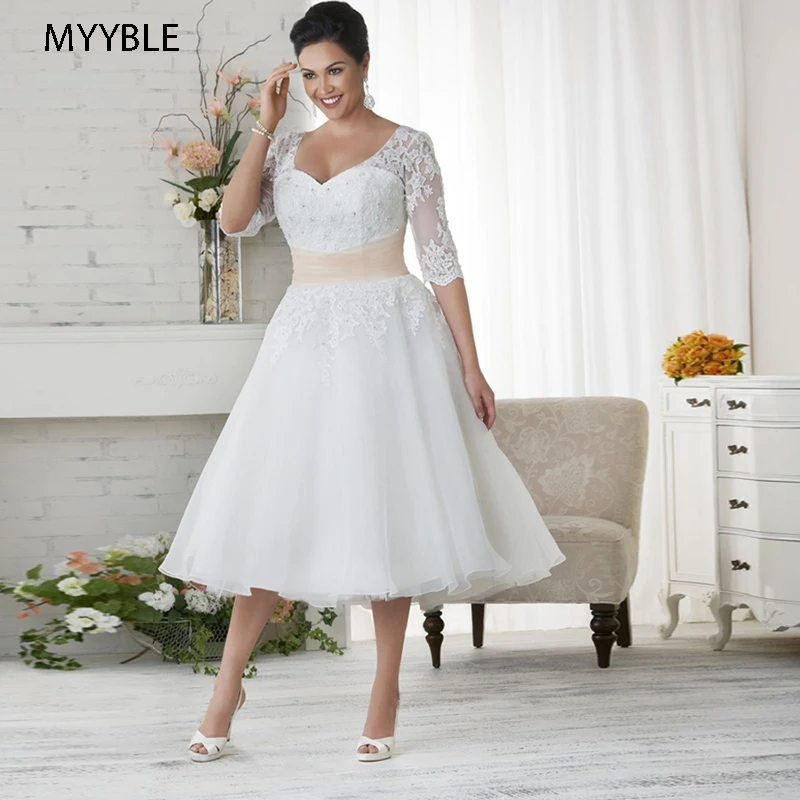 MYYBLE, шикарное Тюлевое свадебное платье, Vestido De Noiva, половина рукава, бисероплетение, аппликация, свадебное платье размера плюс