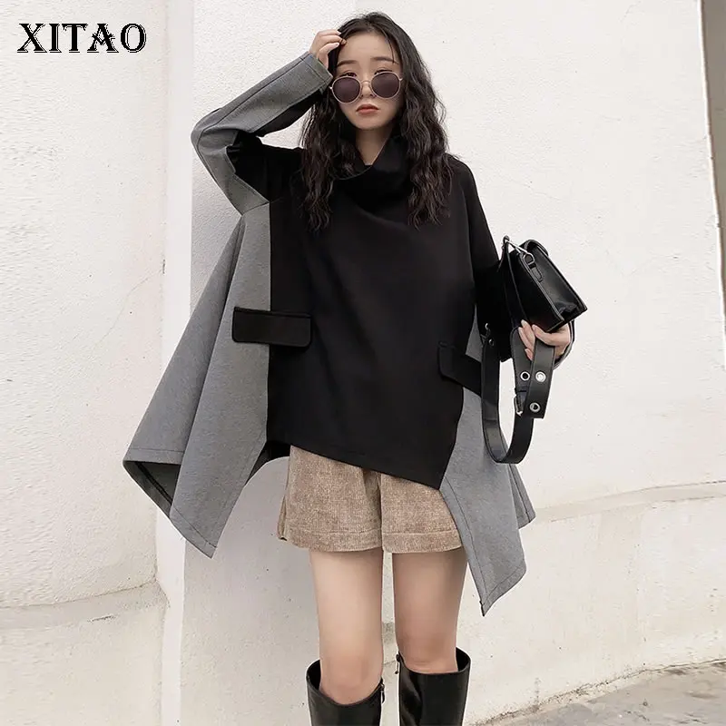 

XITAO Irregular Patchwork Hit Color Sweatshirt Plus Size Women Clothes 2019 Loose Oversized Personality Turtleneck Top DMY1051