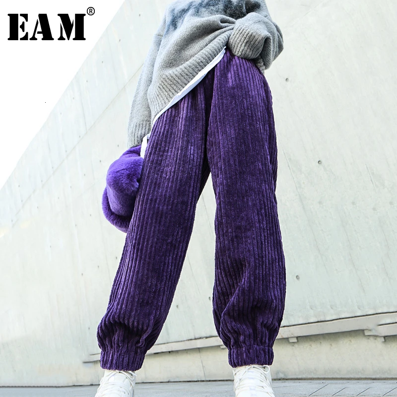 [EAM] High Elastic Waist Black Long Corduroy Wide Leg Trousers New Loose Fit Pants Women Fashion Spring Autumn 2020 19A-a322