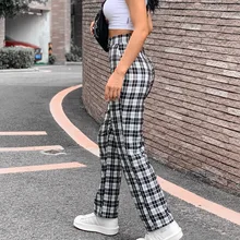 Harajuku Plaid Pants Famale Goth Y2k Wide Leg High Waist Straight Trousers Korean Style Checkered Cute Kawaii Student's Capris