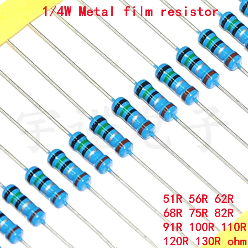 100pcs 1/4W Metal Film Resistor 1% 51R 56R 62R 68R 75R 82R 91R 100R 110R 120R 130R 51 56 62 68 75 82 91 100 110 120 130 Ohm