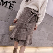 Корейская шикарная осенне-зимняя юбка с оборками, высокая талия, бандаж, клетчатая, неровная, Jupe Femme, элегантная, винтажная, шерстяная, тонкая, Русалка, юбки