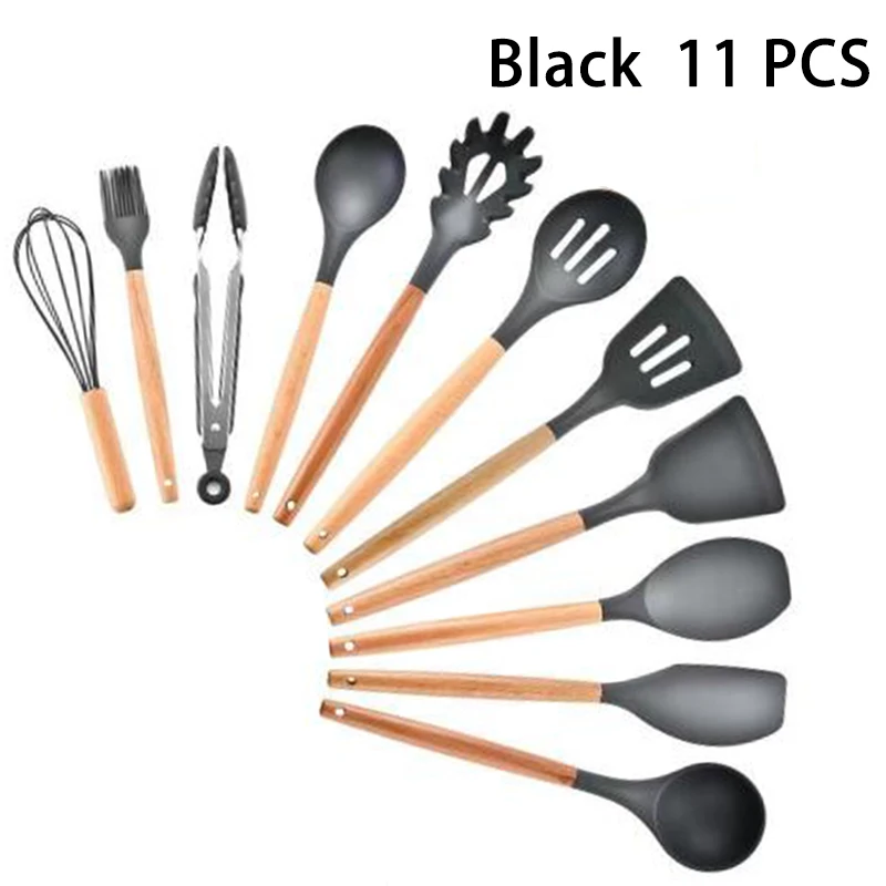 black 11pcs 12 шт Силиконовая кухонная утварь набор антипригарная лопатка лопата с деревянной ручкой кухонная утварь с ящиком для хранения кухонные принадлежности - Цвет: black 11pcs
