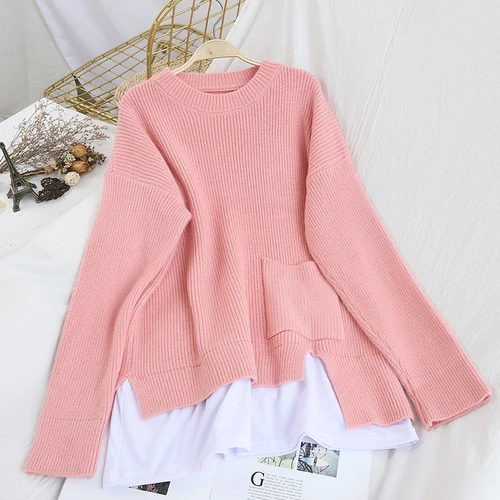 pink Neploe модный поддельный пуловер из 2 предметов с карманами, женский свитер с круглым вырезом и длинным рукавом, с неровными заплатками, дизайнерский пуловер для женщин, осень 48286 - Цвет: pink