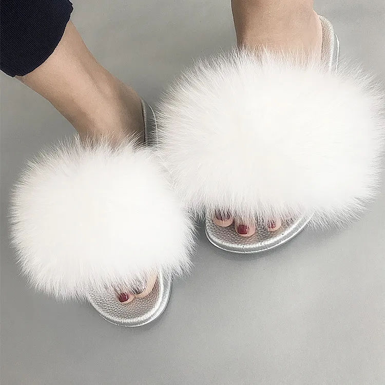 

Winter Warm Real Fox Fur Slipper Women Fox Home Fluffy Sliders With Feathers Furry Summer Flats Sweet Ladies Shoes Size 45 Home