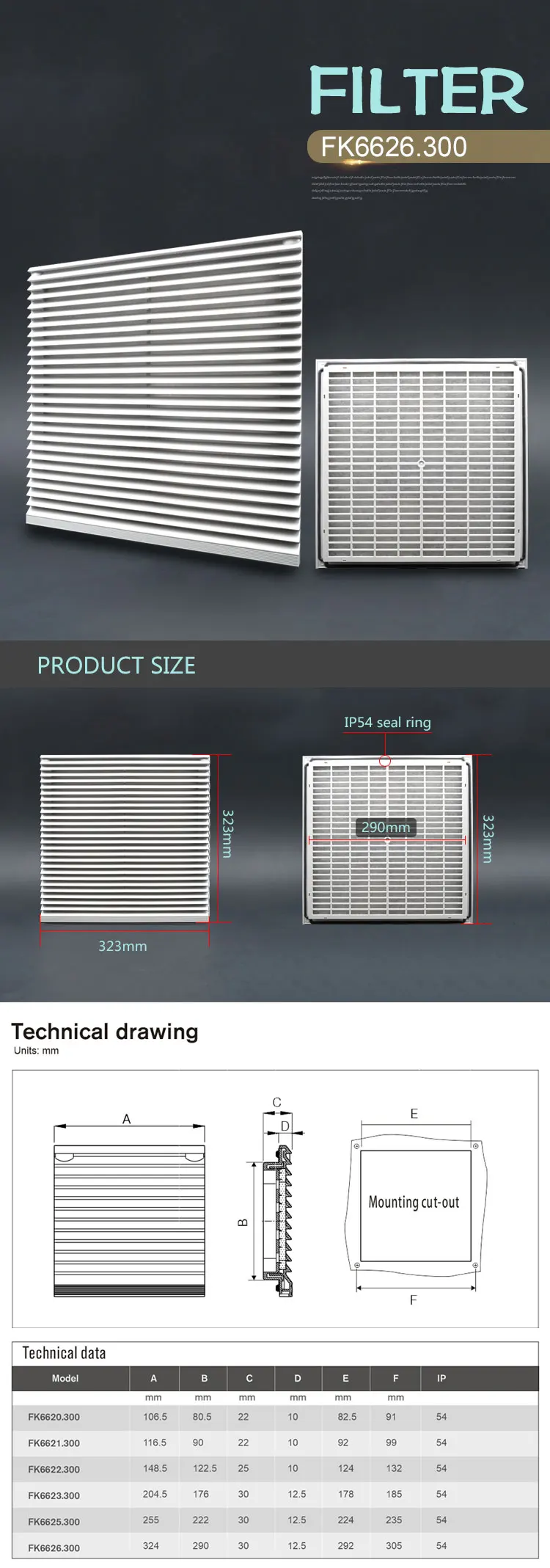 Grille Louvers Blower, Exaustor Filtro para 22082 Fan FK6626.300, 323*323mm