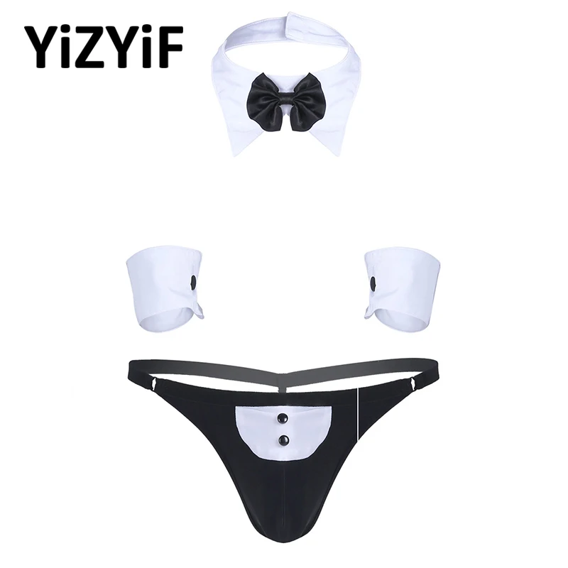 

Mens Butler Waiter Lingerie Suit Swimsuits Open Back Tuxedo G-string Thong Bikini Underwear with Bow Tie Collar and Bracelets
