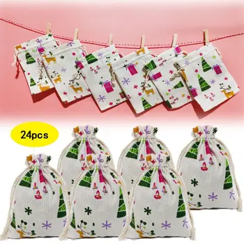 

Christmas 24 Days Countdown Advent Calendar Hanging Drawstring Candy Bags with Stickers Handmade DIY Sacks Reusable Xmas